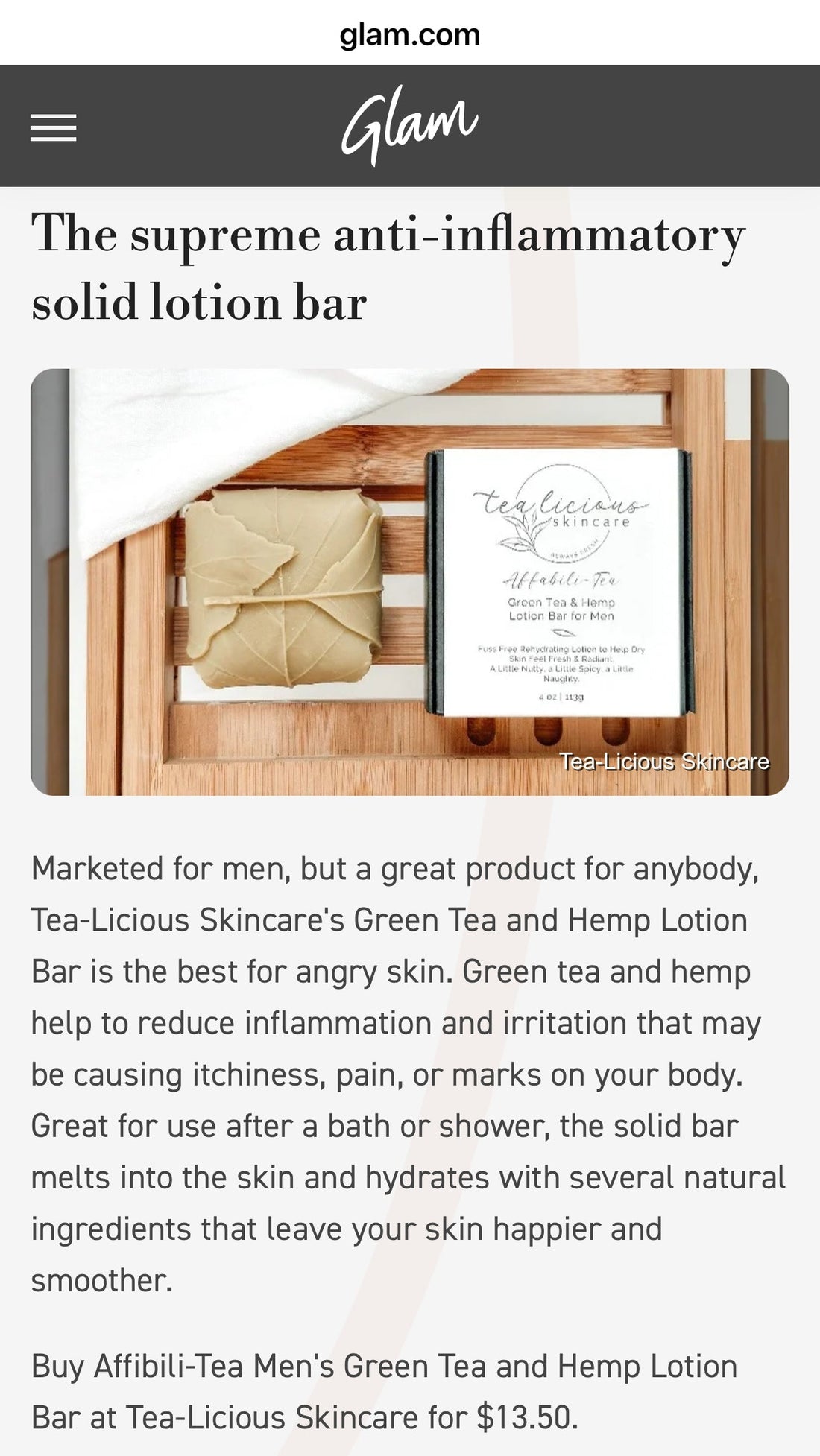 Celebrating Our Spot in Glam’s Top 15: The Affibili-Tea Green Tea and Hemp Lotion Bar