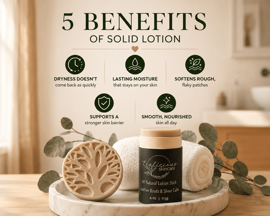 Infographic highlighting five benefits of Tea-Licious Skincare solid lotion sticks, featuring a Leather Boots & Sheer Calm lotion stick and handcrafted tree soap on a marble tray in a warm, spa-inspired bathroom setting.