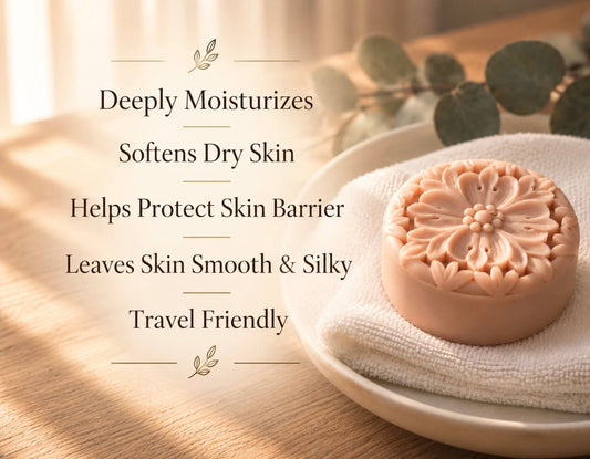 Bergamot Tea & Rose Solid Lotion Bar shown with five benefits: deep moisture, softer dry skin, skin barrier support, a smooth silky finish, and travel-friendly care.