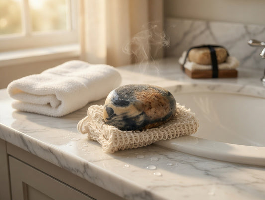 Steaming hot stone on a woven soap dish with a towel and soap bar in the background.