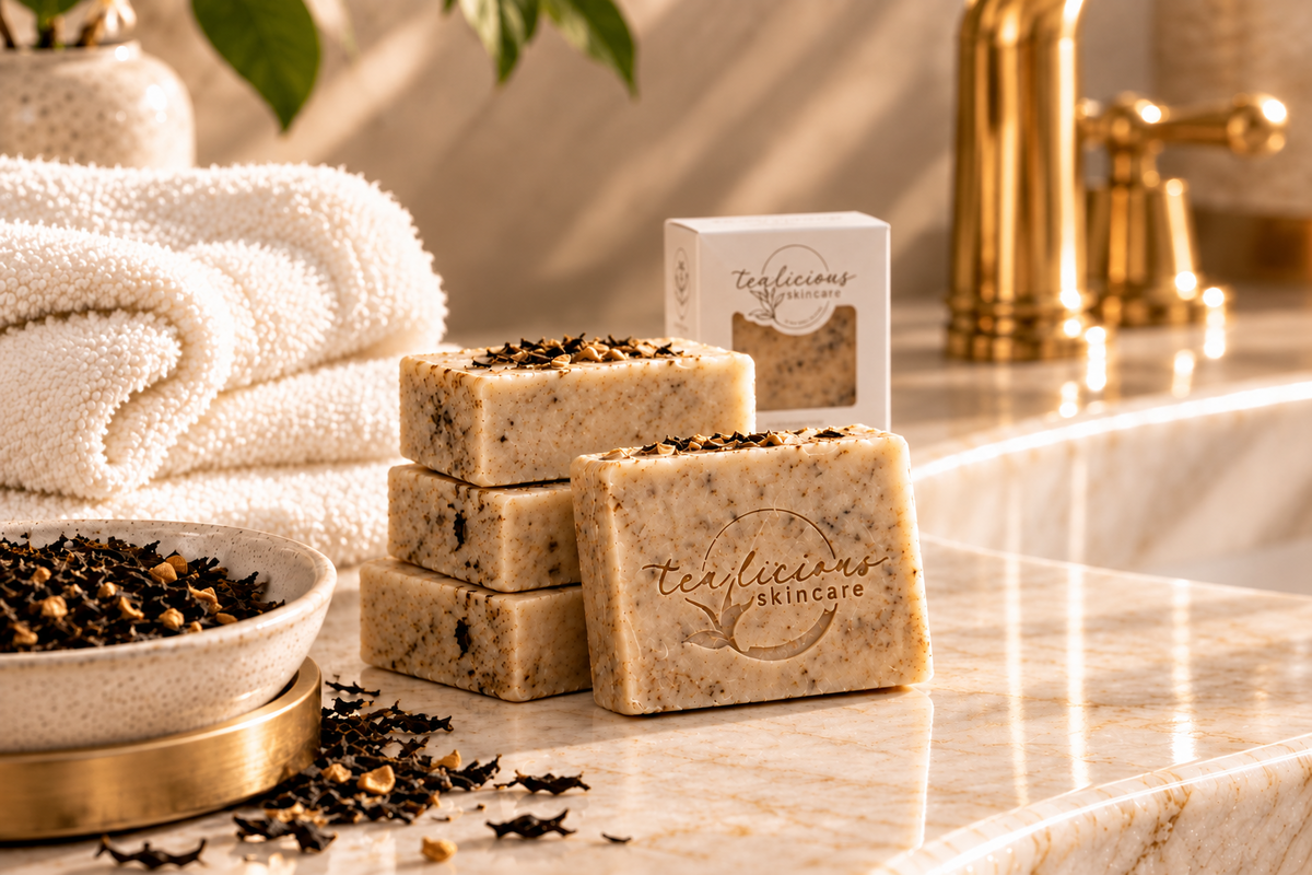 Stack of handcrafted Mulled Orange Cider Tea Soap Bars beside tea leaves in a warm bathroom setting.