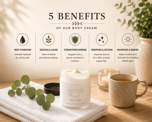Tea-licious skincare Body cream with benefits listed on a table with a cup and plant