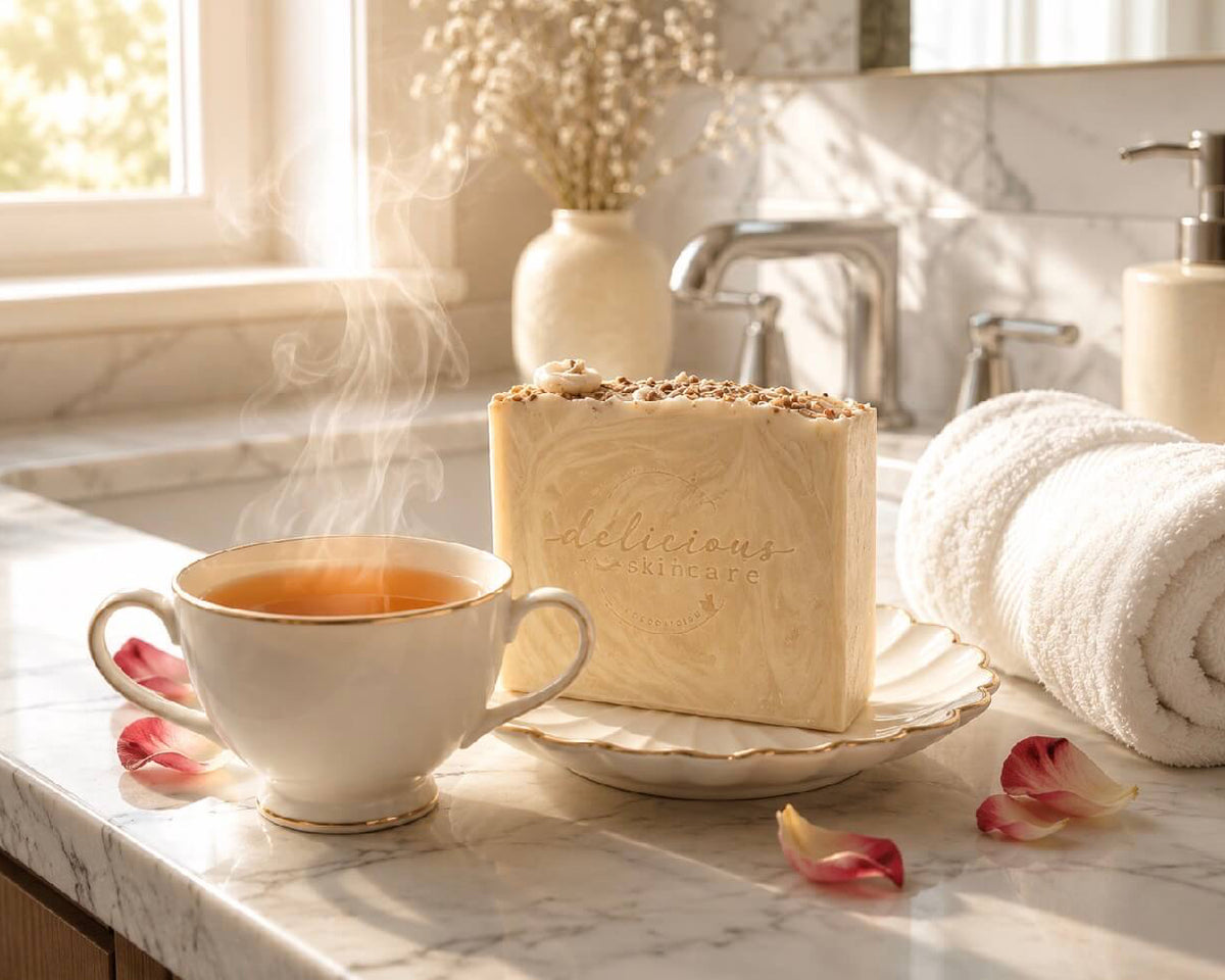 Steaming cup of tea with a soap on a marble countertop.