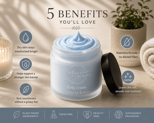 Tea-licious skincare body cream with benefits listed on a neutral background