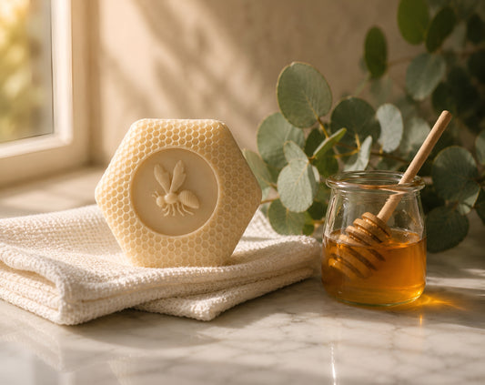 Honeycomb-shaped lotion bar with a bee design on a white towel next to a jar of honey and a wooden dipper, with greenery in the background.
