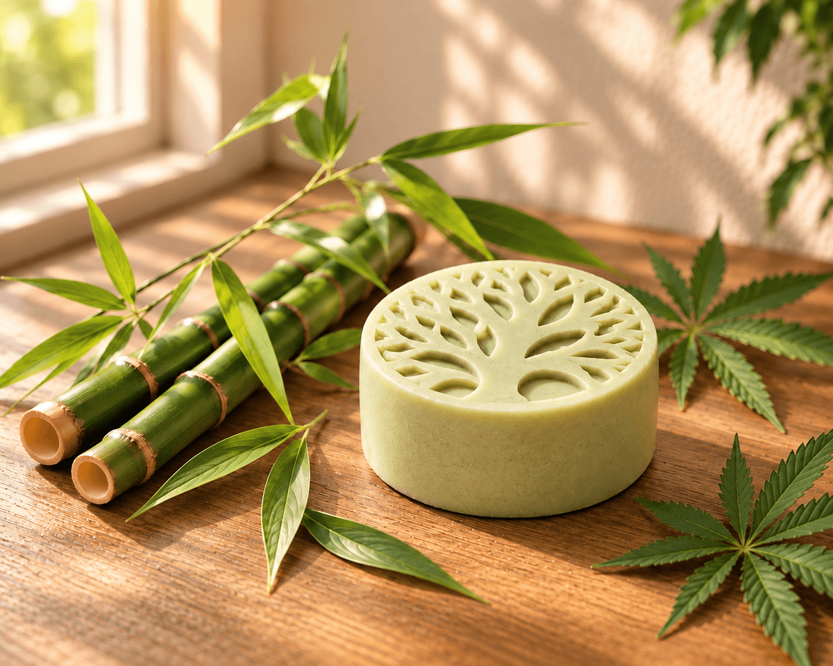 Bamboo & hemp solid body bar with a carved tree design, arranged with bamboo stalks and hemp leaves on a warm wooden surface in natural sunlight.