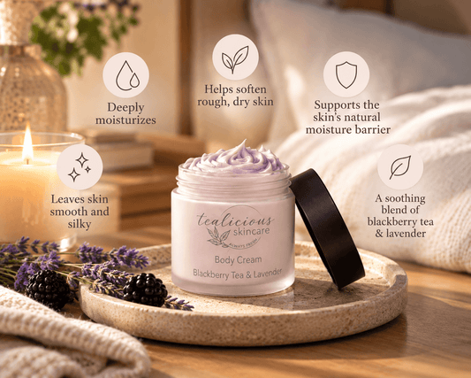 Tea-Licious Blackberry Tea & Lavender Body Cream with five benefits including deep moisture, softer dry skin, moisture barrier support, silky skin and a soothing blackberry tea and lavender scent.