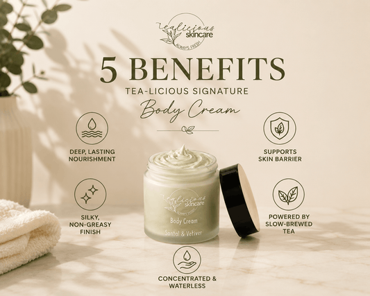 A jar of tea-licious skincare body cream with its lid off, displayed on a marble surface with a towel and leaf shadows. The image features text outlining five benefits of the body cream.