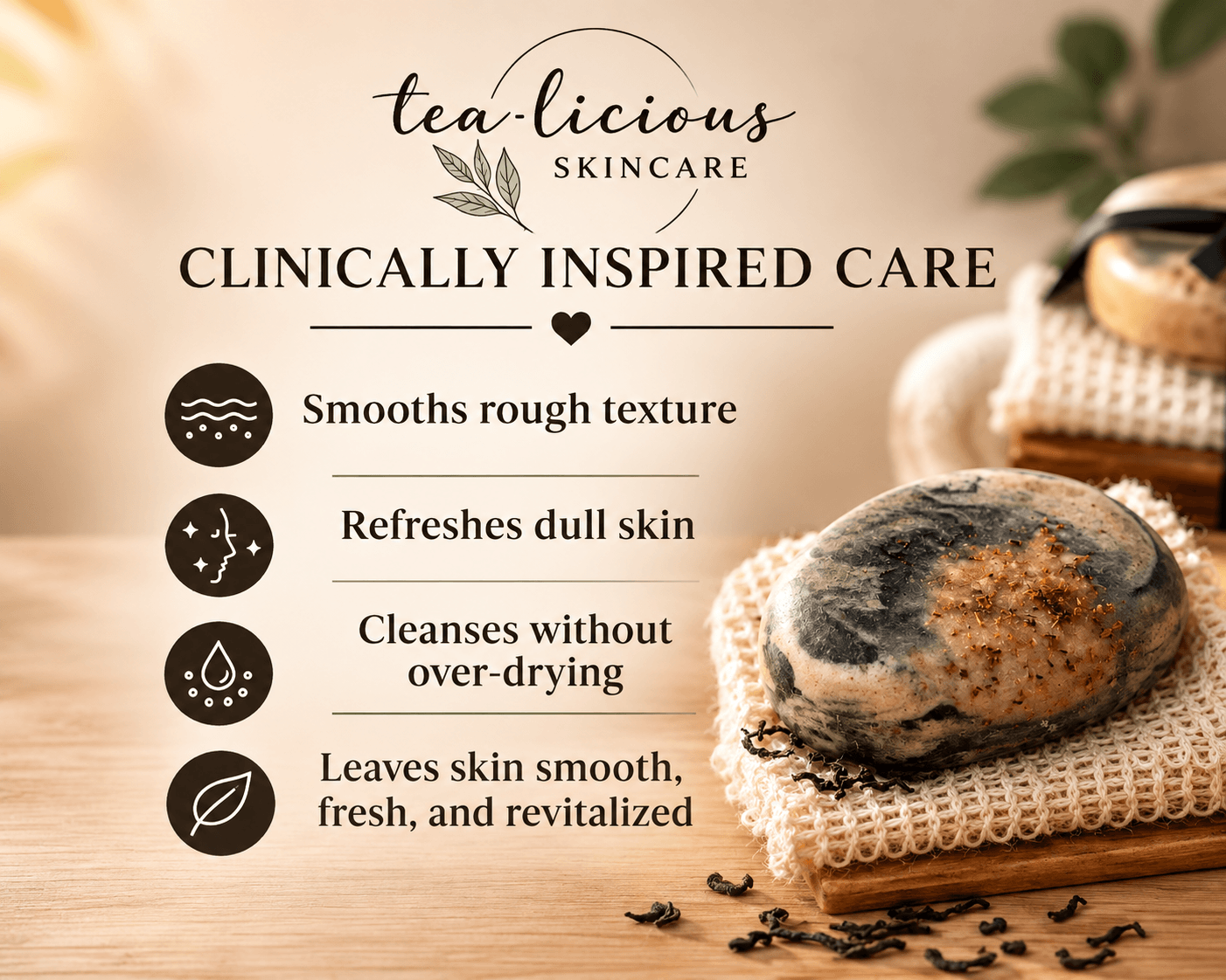 Tea-infused soap benefits infographic highlighting smoother skin texture, refreshed dull skin, gentle cleansing without over-drying, and healthier-looking, revitalized skin beside a handcrafted tea soap bar.
