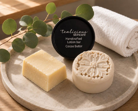 Cocoa Butter & Cashmere tea-infused lotion bar paired with a handcrafted cold process soap for a nourishing skin care routine.