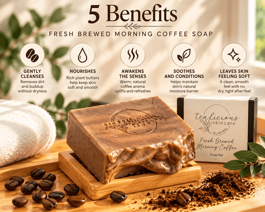 Tea-licious Fresh Brewed Morning Coffee handcrafted soap with coffee beans and grounds describing benefits in a warm bathroom setting.