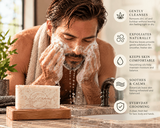 Five benefits of Hemp Tea & Aloe Vera Men’s Soap including creamy cleansing, gentle exfoliation and comfortable skin