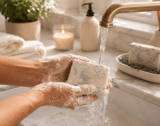 Hands washing with Tea-Licious Lavender Tea artisan soap under running water, creating a rich creamy lather in a warm spa-inspired bathroom with soft natural light.