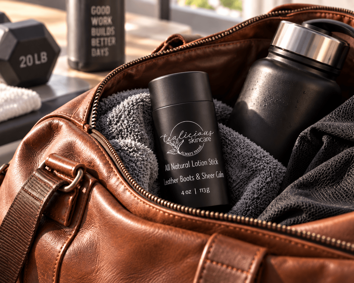 Tea-Licious men’s solid lotion stick with black lid packed in a brown leather gym bag with towel, water bottle, and workout gear.