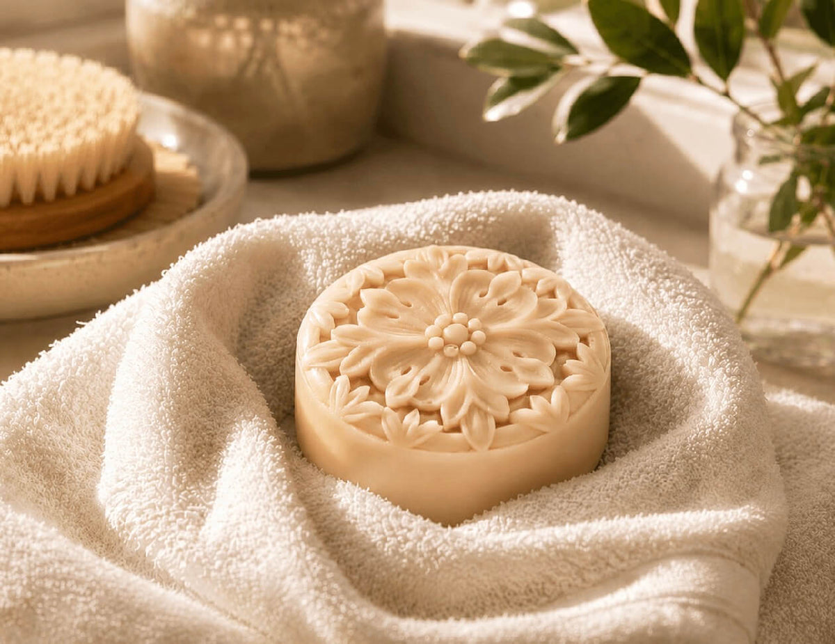 Moroccan Cashmere Waterless Solid Lotion Bar resting on a soft cream towel in warm natural light, showcasing its smooth floral-embossed design.