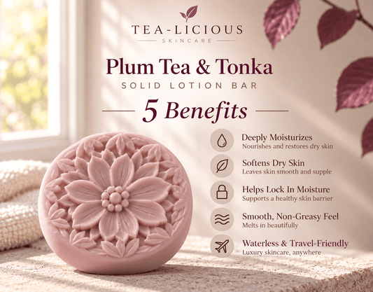 Tea-Licious Plum Tea & Tonka solid lotion bar with five benefits highlighting deep moisture, softer dry skin, moisture retention, a smooth non-greasy feel, and waterless travel-friendly care.