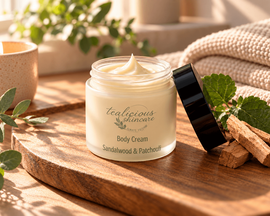 Open jar of Tea-Licious Sandalwood & Patchouli Body Cream styled with sandalwood, greenery and soft natural window light.
