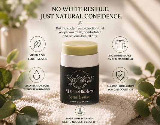 Tea-licious Santal & Vetiver baking soda-free natural deodorant highlighting no white residue, gentle odor protection, and sensitive skin benefits