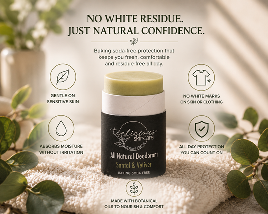 Tea-licious Santal & Vetiver baking soda-free natural deodorant highlighting no white residue, gentle odor protection, and sensitive skin benefits