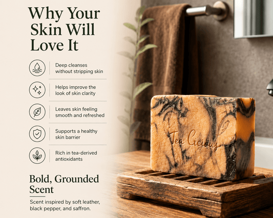Benefits infographic for Tea-licious Spiced Leather tea-infused soap, highlighting gentle cleansing, improved skin clarity, skin barrier support, tea-derived antioxidants, and a bold leather-inspired scent beside a handcrafted soap bar.