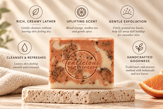 Tea-licious Spiced Orange Tea Soap Bar with creamy lather, gentle exfoliation, uplifting citrus scent and handcrafted cold-process benefits.