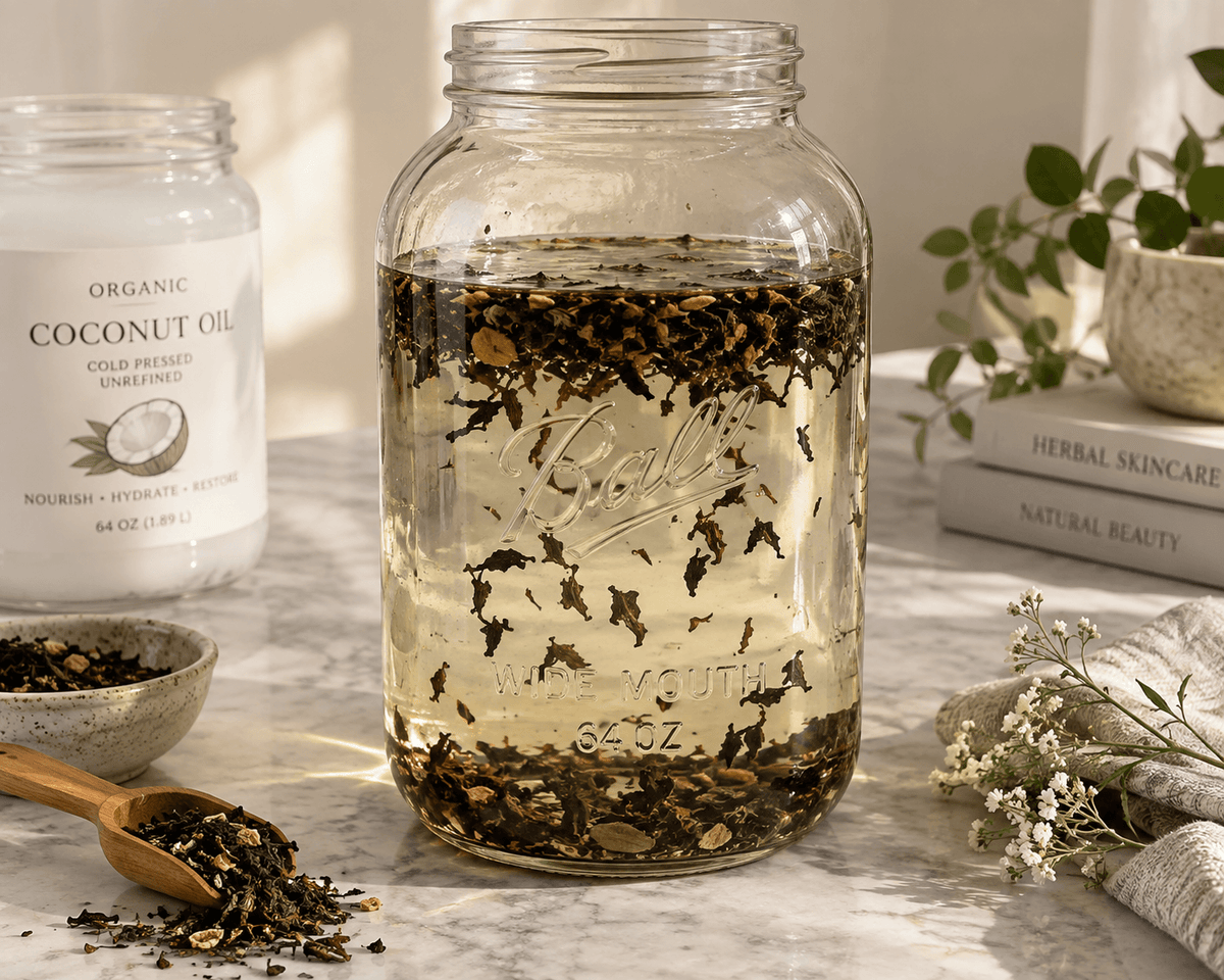 Loose tea steeping in clear coconut oil inside a 64 oz wide-mouth mason jar on a marble countertop