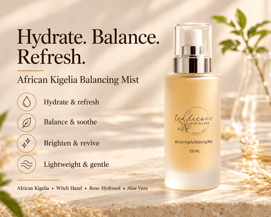 Tea-licious African Kigelia Balancing Mist in warm golden light, with text highlighting hydration, soothing care, radiance and a lightweight feel.