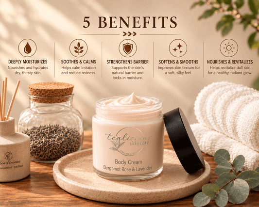 Tea-Licious Bergamot Rose & Lavender Body Cream showing five skincare benefits: deep moisturization, soothing comfort, skin barrier support, softer smoother skin, and nourishment.