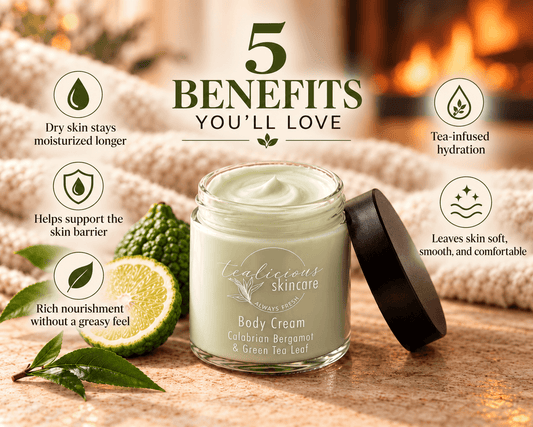 Calabrian Bergamot & Green Tea Leaf Body Cream with five benefits highlighting moisture, skin barrier support, nourishment, hydration and softness.