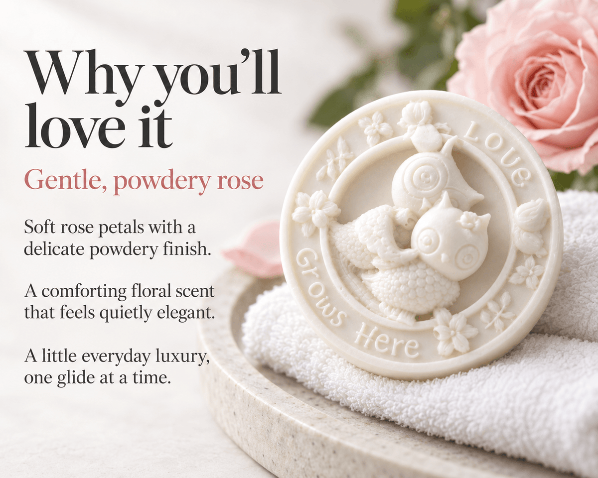 Tea-licious white Rose Petal Massage Bar with two owls and “Love Grows Here” lettering, resting on a white towel beside a blush rose. Text: “Why you’ll love it. Gentle, powdery rose. Soft rose petals with a delicate powdery finish. A comforting floral scent that feels quietly elegant. A little everyday luxury, one glide at a time.