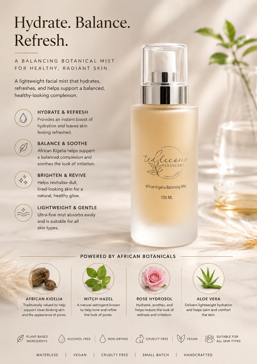 Tea-licious African Kigelia Balancing Mist clinical skincare shot with frosted bottle and warm glowing background.