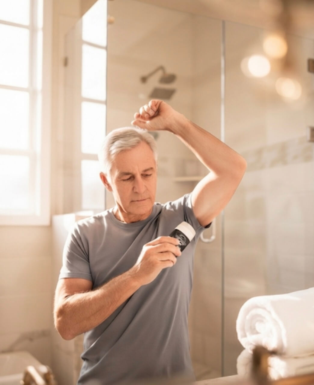 A man in a gray t-shirt stands in a bright, sunlit bathroom, applying deodorant under a mirror.