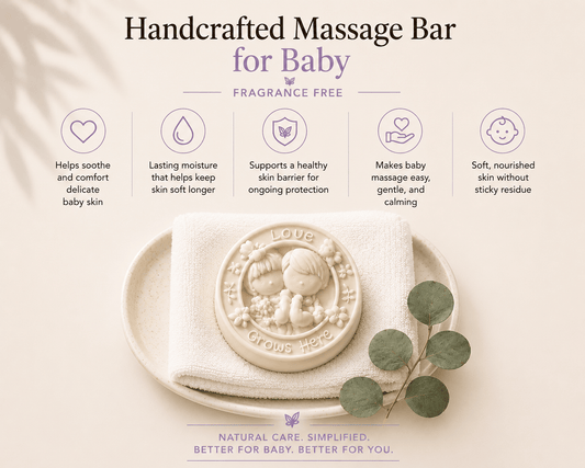 Tea-licious baby fragrance free massage bar ingredient benefits graphic on a folded towel.