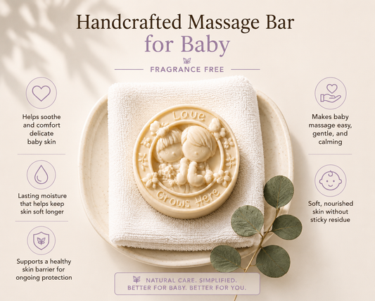 Tea-licious baby massage bar ingredient benefits graphic featuring botanical butters and nourishing oils.