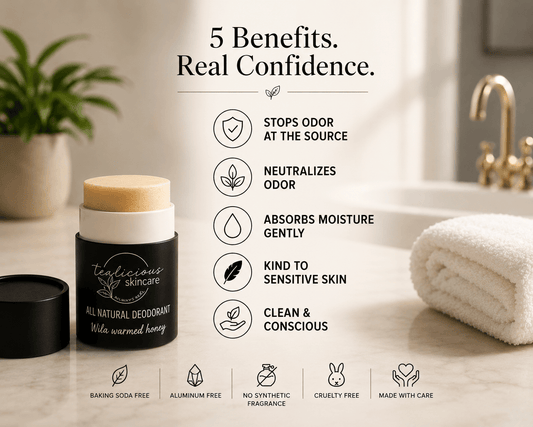 Tea-licious Baking Soda Free deodorant with clean ingredient guide in warm spa lighting.
