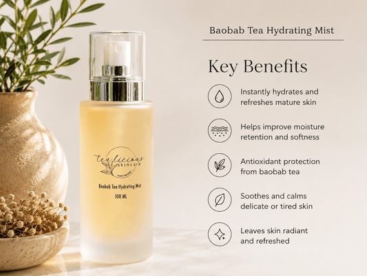 Baobab Tea Hydrating Mist benefits image with hydration, softness and antioxidant skin support.