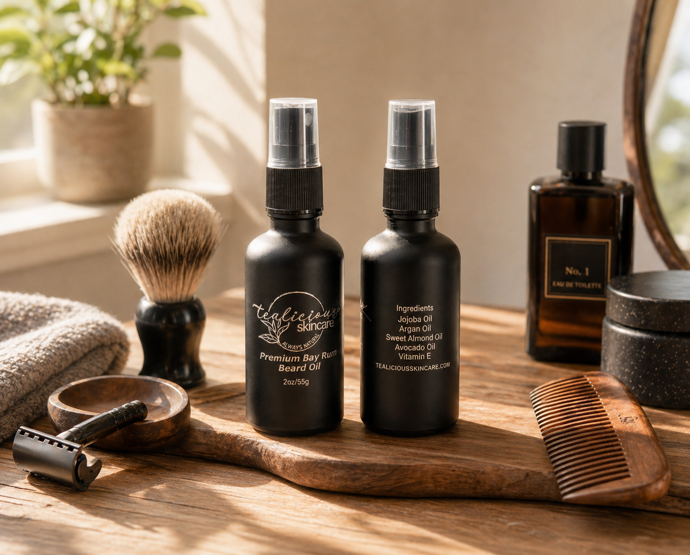 tea-licious skincare beard oil bottles grooming tools-wooden-surface