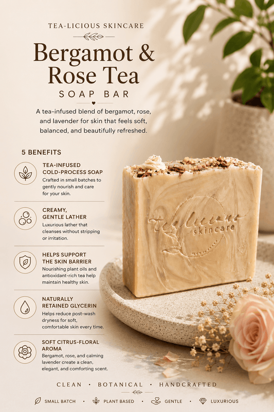 Tea-infused Bergamot & Rose soap with five skin benefits in warm spa-inspired botanical setting.