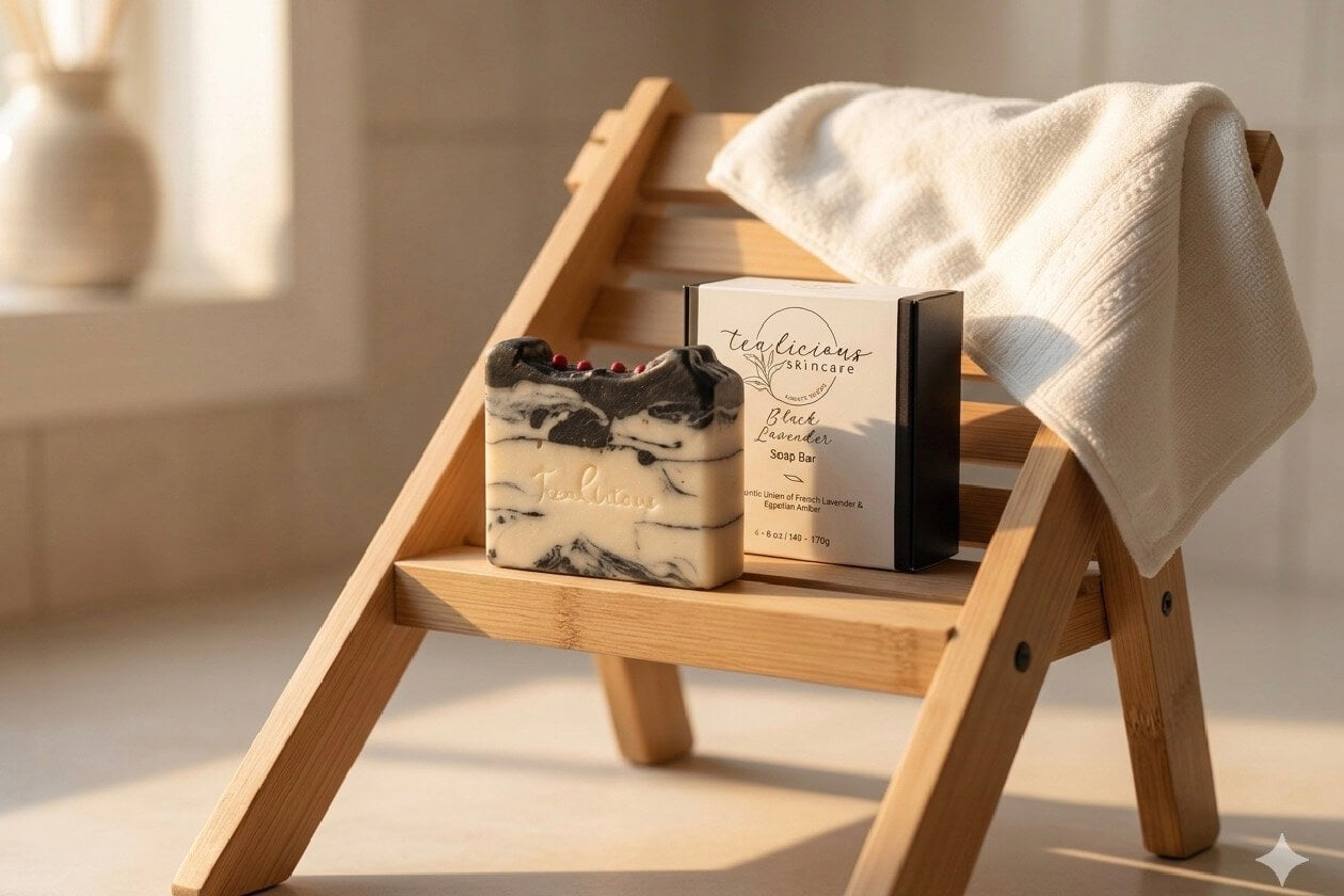 Tea-licious Black Lavender Charcoal Soap and gift box displayed on a wooden spa stool in sunlight.