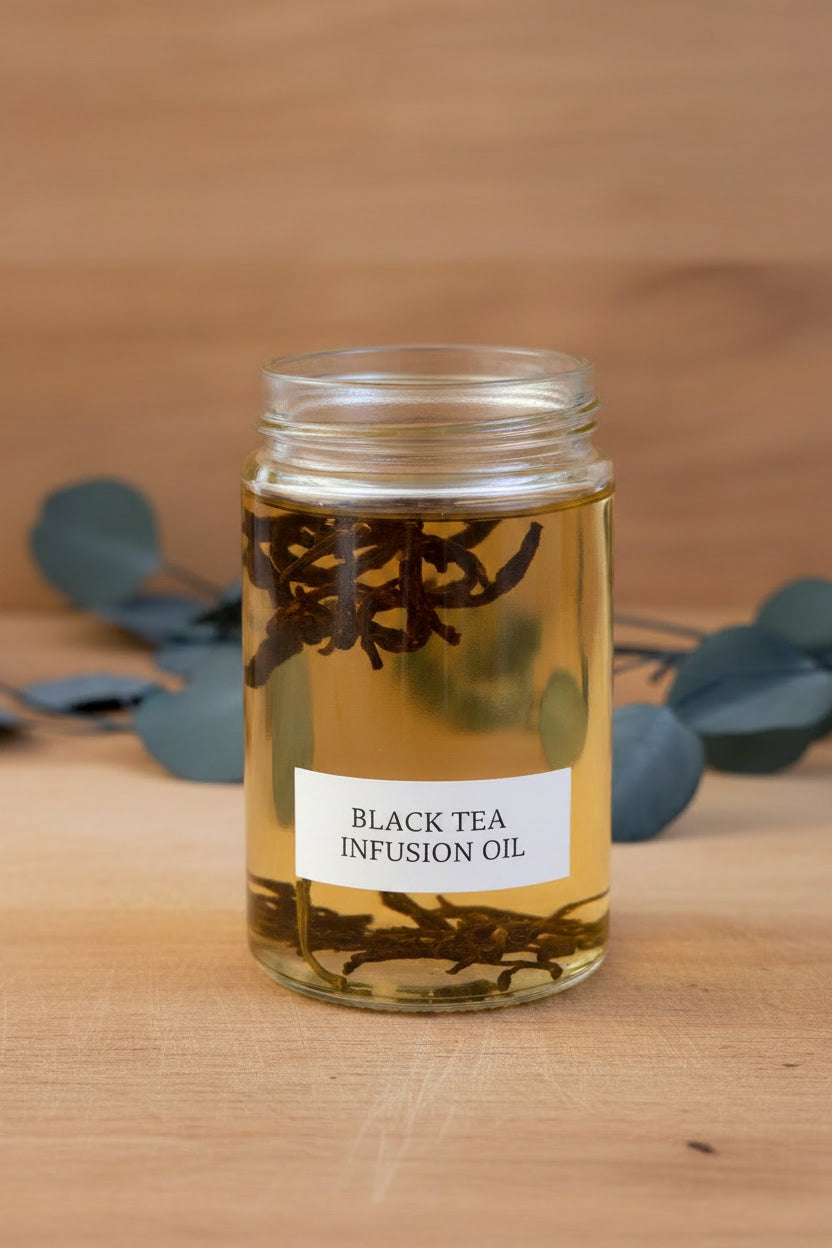 Black tea leaves steeping in oil infusion for Tea-licious skincare handcrafted botanical formulations.