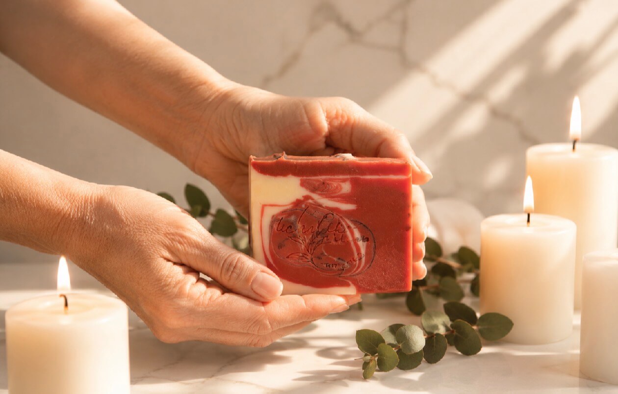 Hands holding Blackberry Tea & Lavender soap bar beside candles and eucalyptus in warm light.