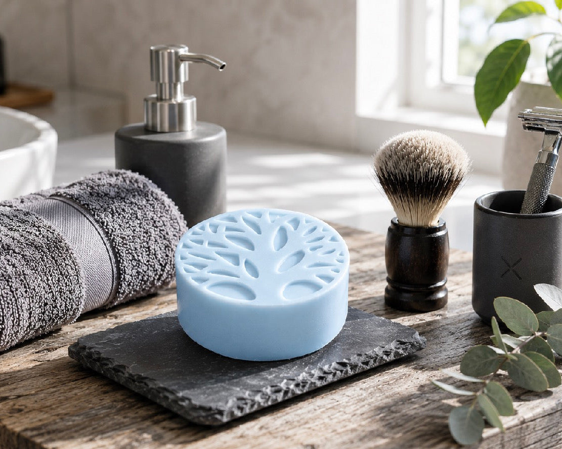 Blue Tea-Licious solid lotion bar in spa bathroom with towel, brush and soft natural sunlight.