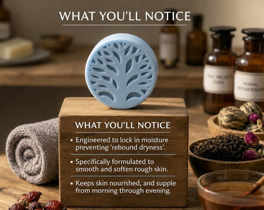Blue Tea-Licious solid lotion bar with skin-softening and moisture-locking benefits in spa setting.