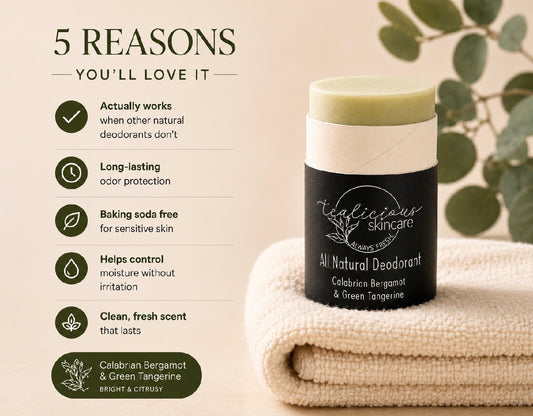 Tea-licious Skincare Calabrian Bergamot & Green Tangerine baking soda free deodorant shown with a list of 5 reasons for choosing this natural, barrier-first formula.