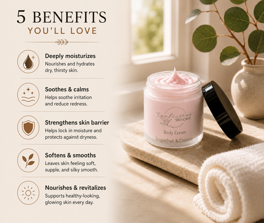 Tea-licious Dragonfruit & Coconut body cream with whipped pink texture beside towel