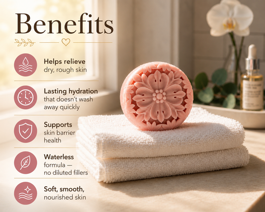 A handcrafted pink floral lotion bar displayed on a white towel, accompanied by a list of five key benefits for skin health and nourishment.
