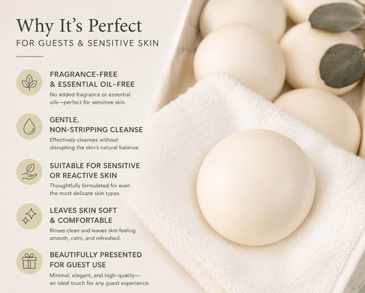 Clinical benefits graphic showing fragrance-free Tea-licious soap for sensitive skin and guest use.