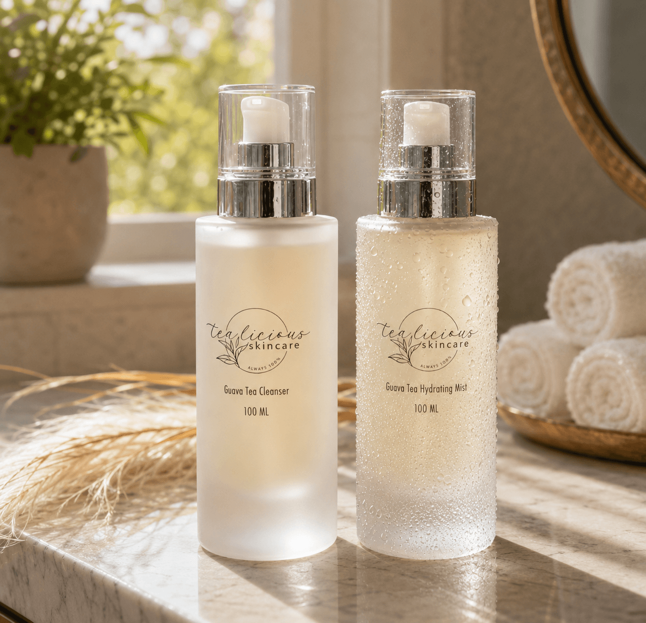 Tea-licious Guava Tea Cleanser and hydrating mist on elegant bathroom counter with water droplets