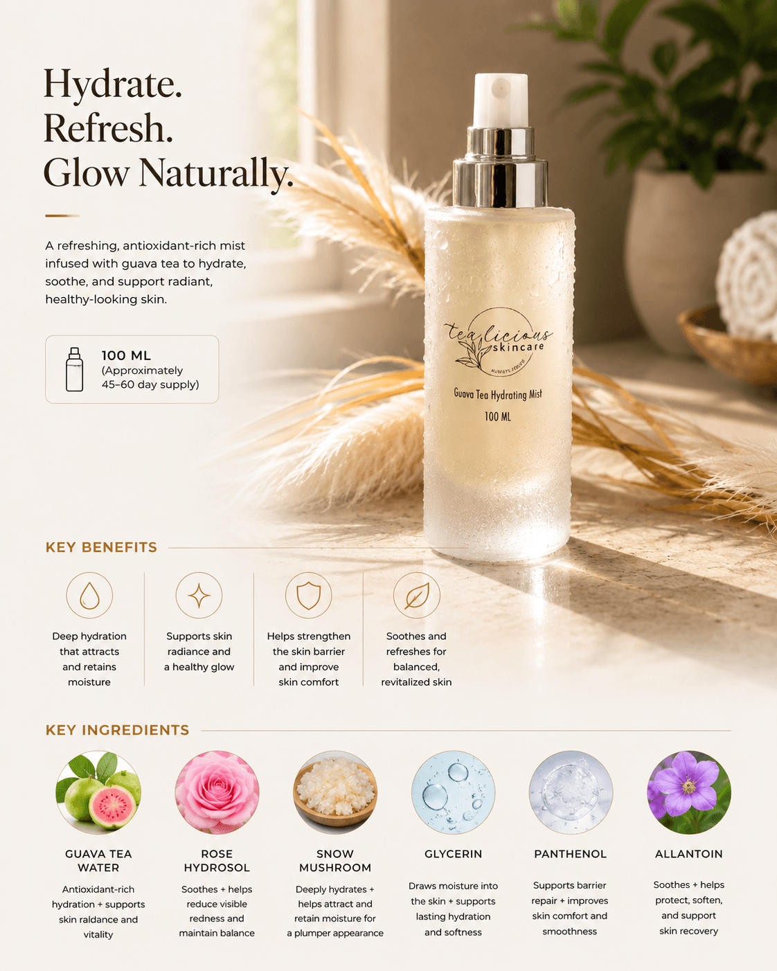 Tea-licious Guava Tea Hydrating Mist with guava tea, rose hydrosol, and snow mushroom.