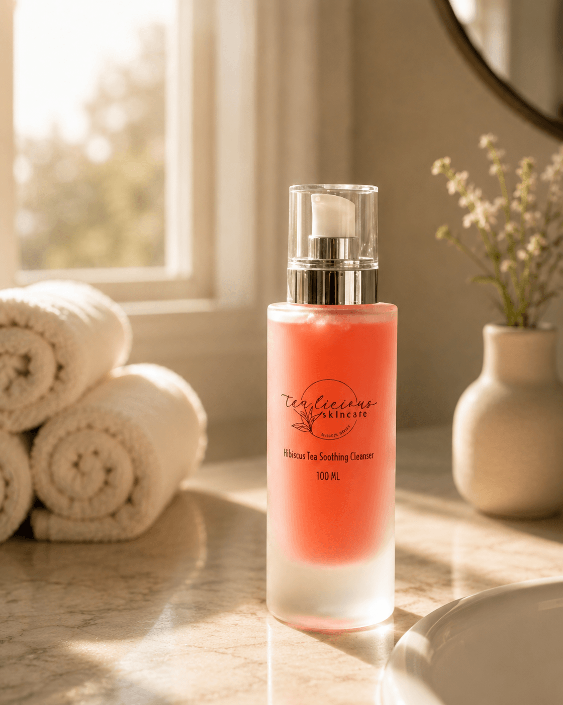 Hibiscus Tea Soothing Cleanser on marble bathroom counter with towels and botanical accents.